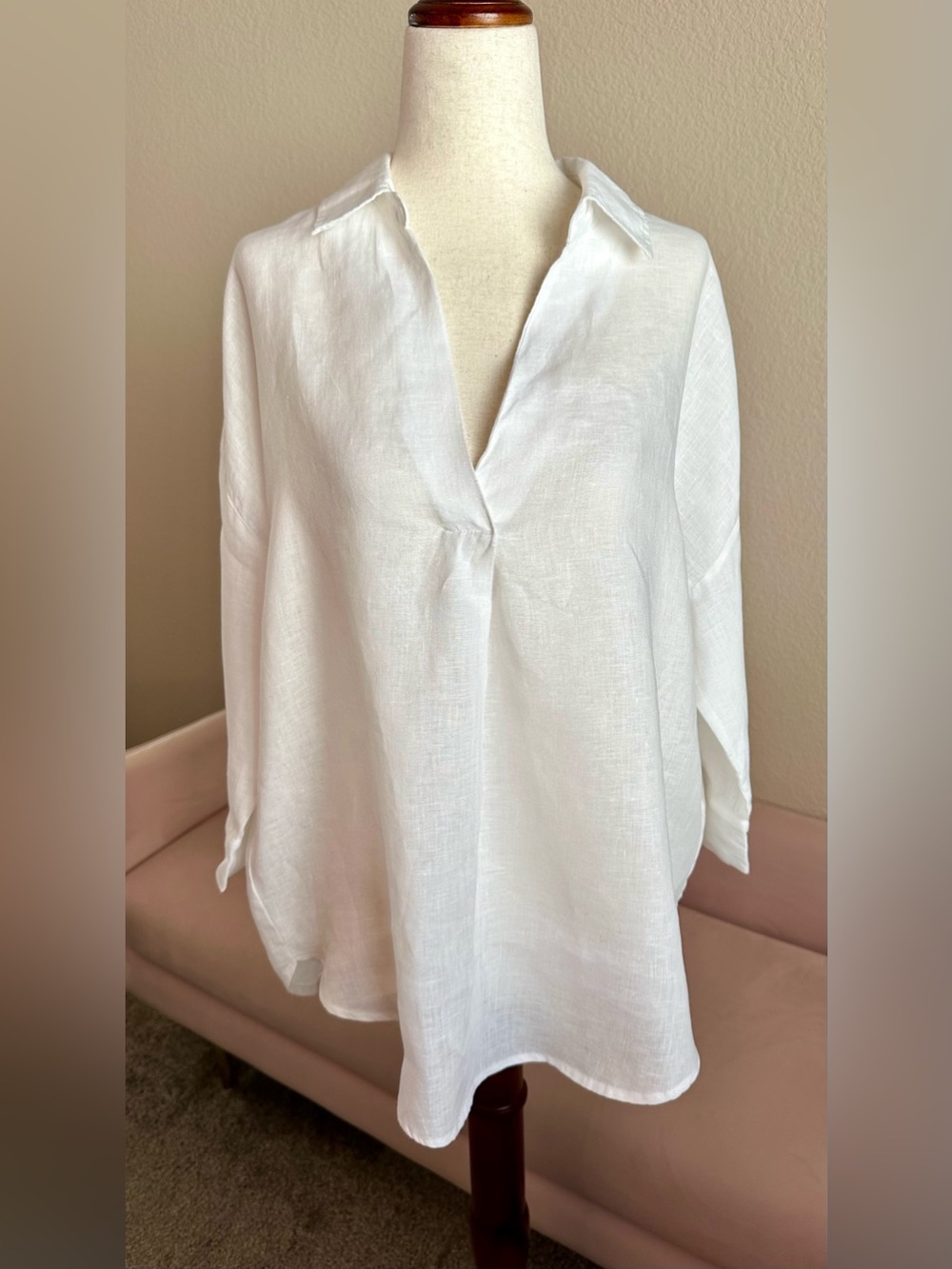 Monoprix Premium Linen Tunic Top Crisp White Linen Collar V-Neck Women’s S Roomy